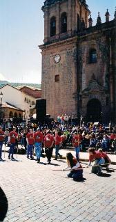 The 2003 team presents drama in Plaza de Armas in Cusco, Peru